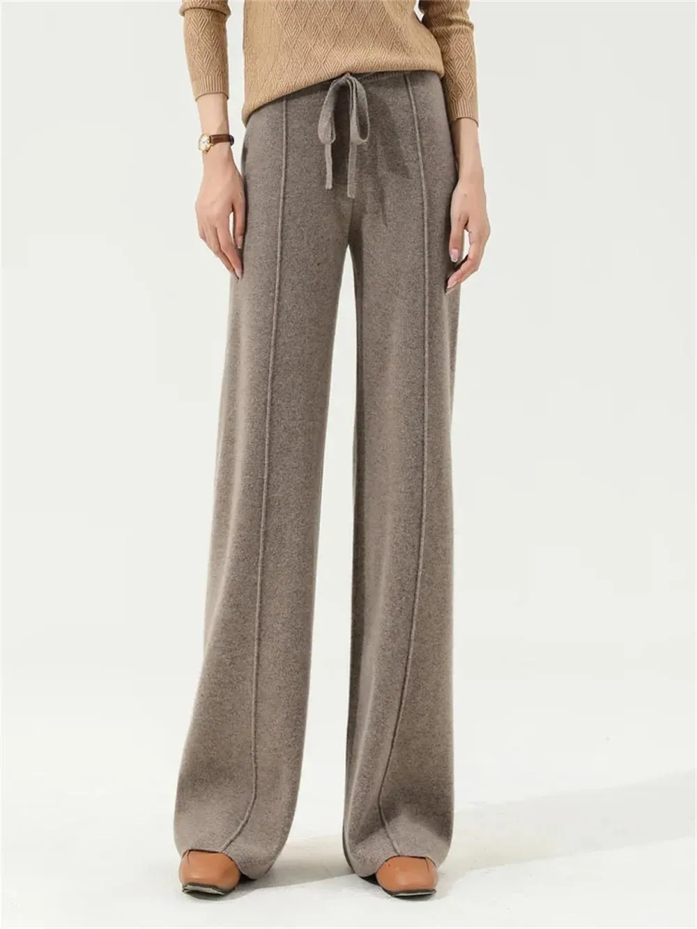 Hndudnff Women Loose Wool Knit Wide Leg Pants Winter Warm Floor Length Soft Long Trousers
