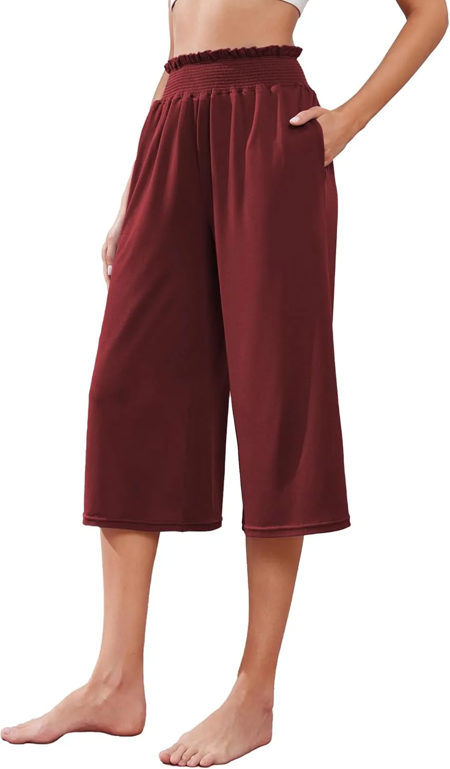iChunhua Wide Leg Capri Yoga Pants for Women Loose Summer Ruffles High Rise Cropped Bottom with Pockets