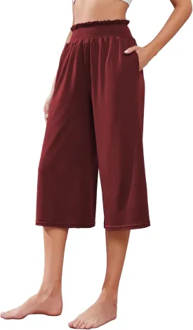 iChunhua Wide Leg Capri Yoga Pants for Women Loose Summer Ruffles High Rise Cropped Bottom with Pockets