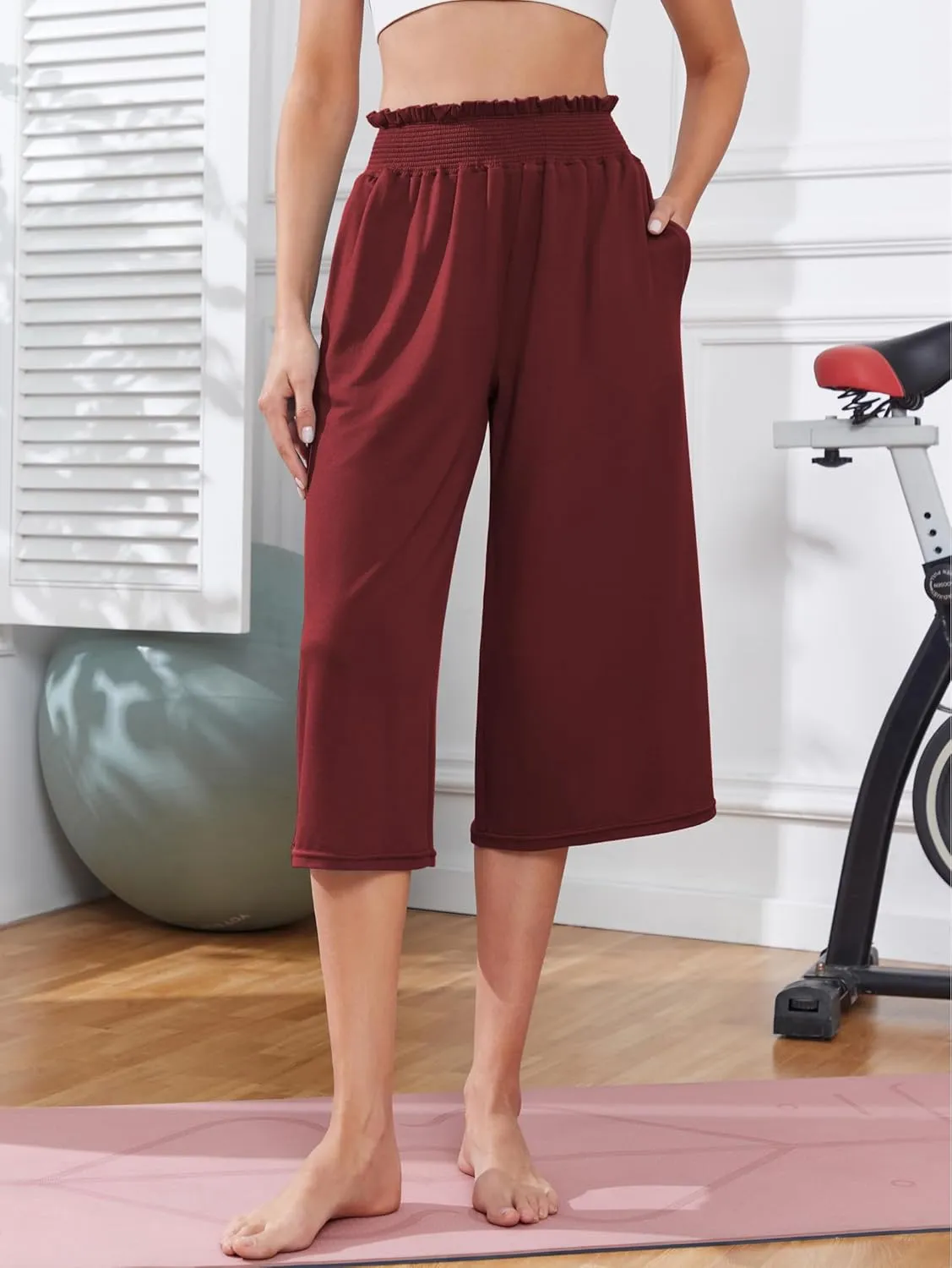 iChunhua Wide Leg Capri Yoga Pants for Women Loose Summer Ruffles High Rise Cropped Bottom with Pockets