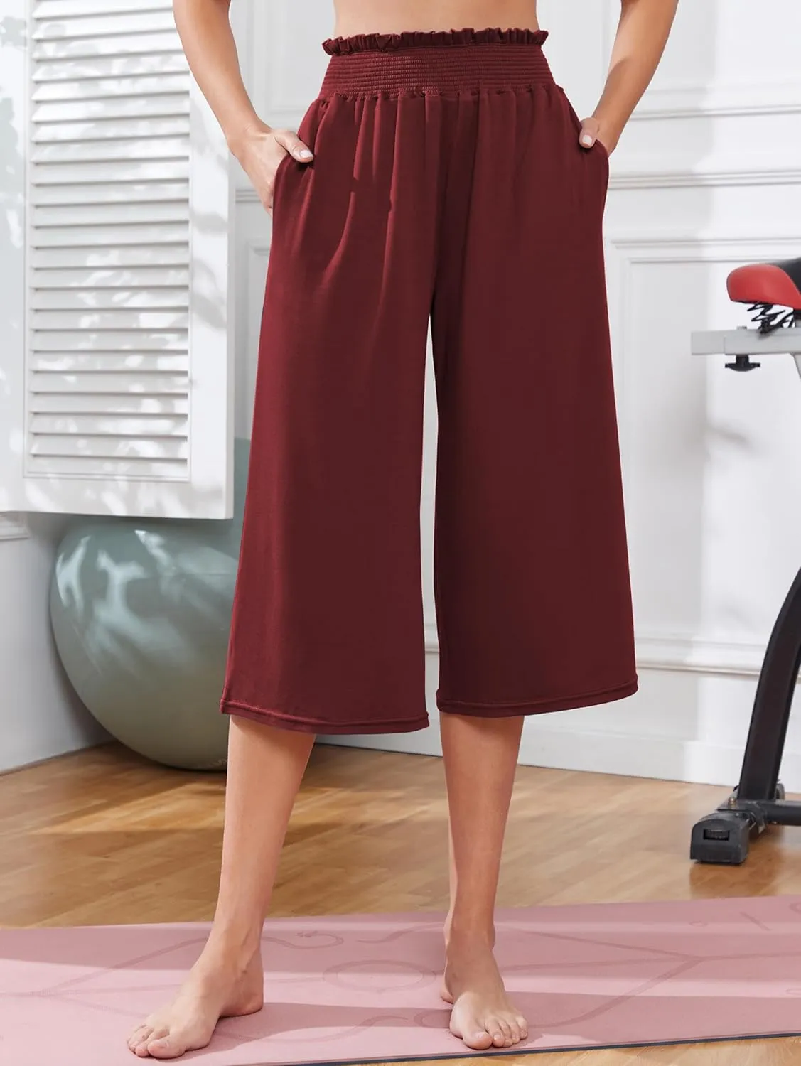 iChunhua Wide Leg Capri Yoga Pants for Women Loose Summer Ruffles High Rise Cropped Bottom with Pockets