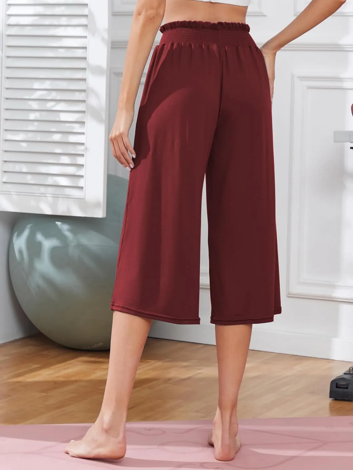 iChunhua Wide Leg Capri Yoga Pants for Women Loose Summer Ruffles High Rise Cropped Bottom with Pockets