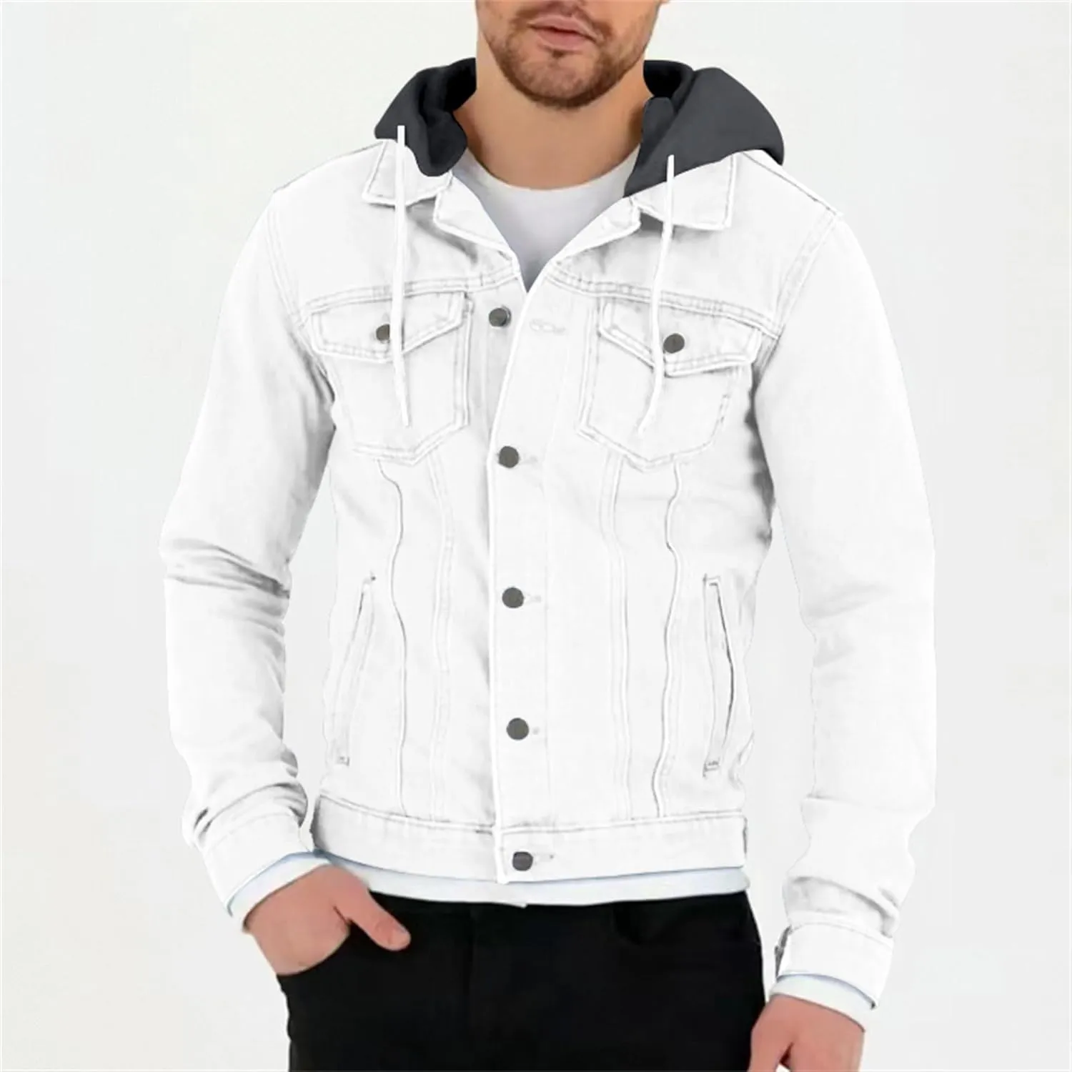 JEKE-DG Men's Hooded Solid Cargo Jean Jacket Fashion Button Up Denim Jacket Classic Casual Trucker Jacket Coat