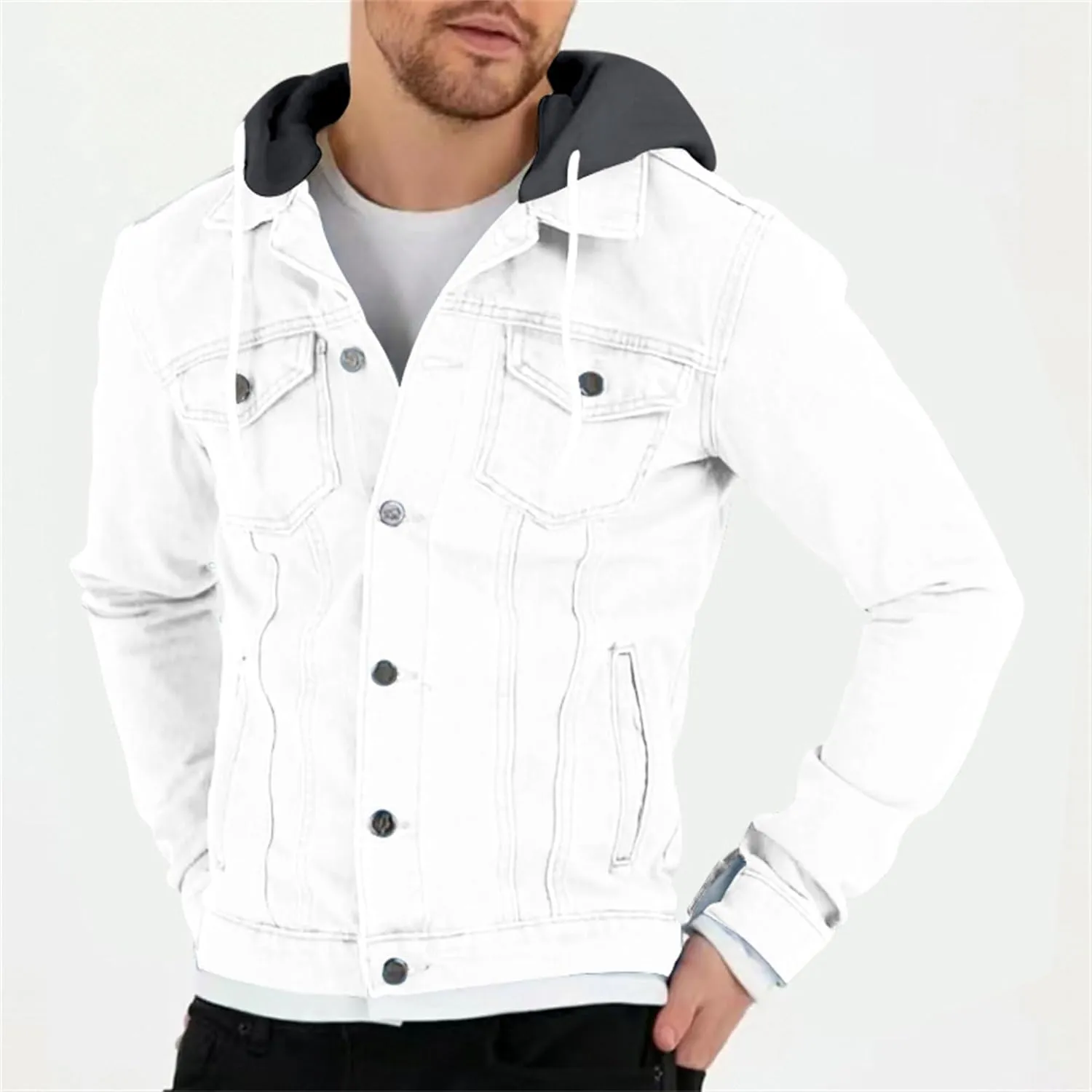JEKE-DG Men's Hooded Solid Cargo Jean Jacket Fashion Button Up Denim Jacket Classic Casual Trucker Jacket Coat