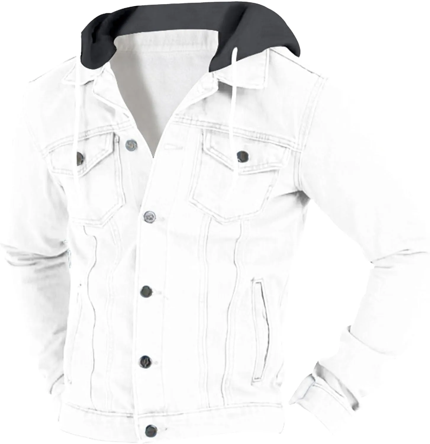 JEKE-DG Men's Hooded Solid Cargo Jean Jacket Fashion Button Up Denim Jacket Classic Casual Trucker Jacket Coat