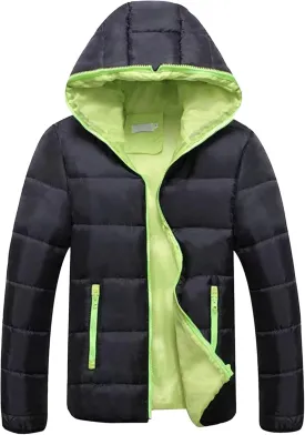 JEKE-DG Men's Slim Fit Hooded Casual Down Jackets Color Block Full Zip Puffer Coats Lightweight Outdoor Winter Quilted Coat