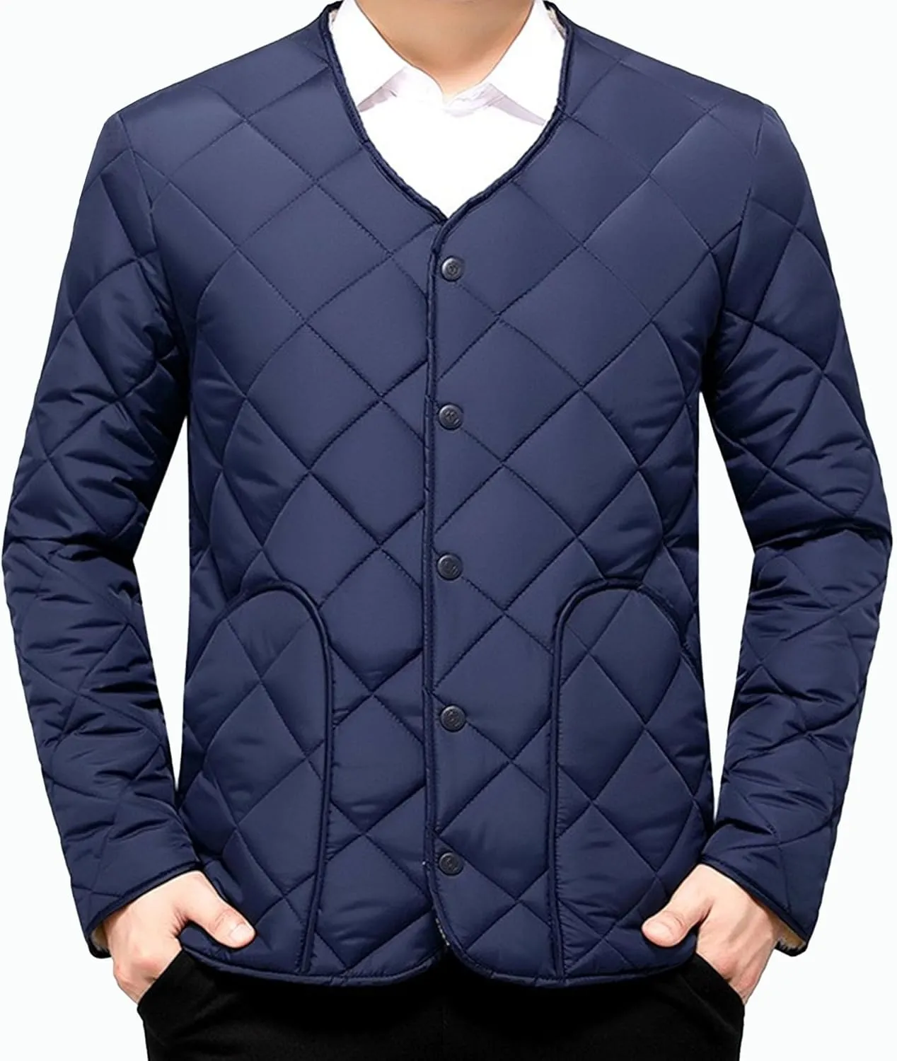 JEKE-DG Men's Slim Fit Thicken Warm Down Jackets Button Up Stylish Puffer Jacket Solid Lightweight Winter Quilted Coat