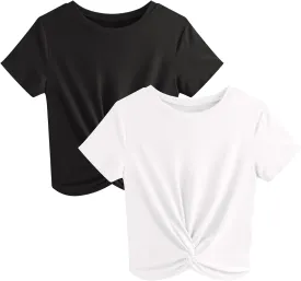 JINKESI Women's 2 Pack T-Shirts Summer Crop Tops Causal Crew Neck Short Sleeve Twist Front Tee T-Shirt