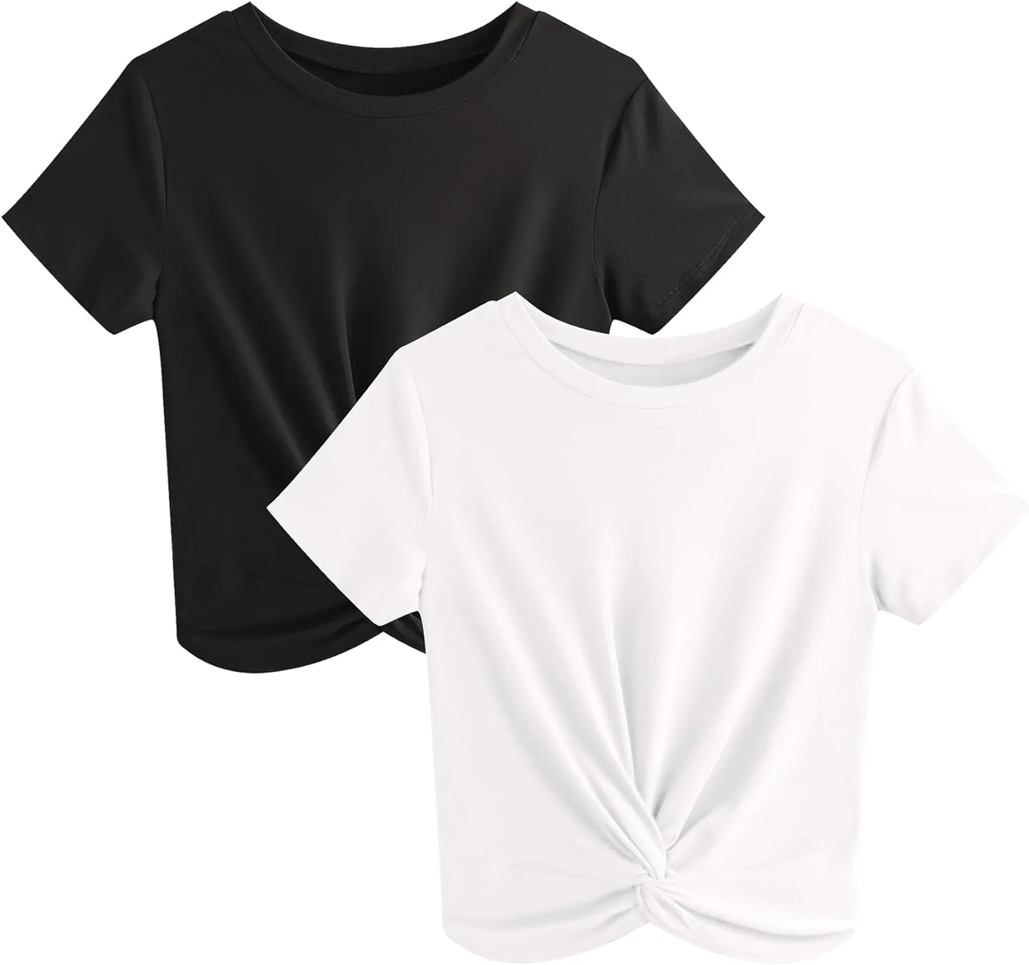 JINKESI Women's 2 Pack T-Shirts Summer Crop Tops Causal Crew Neck Short Sleeve Twist Front Tee T-Shirt