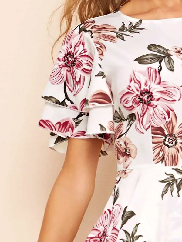 Keyhole Back Layered Hem Floral Print Dress