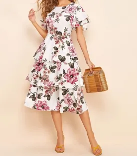Keyhole Back Layered Hem Floral Print Dress