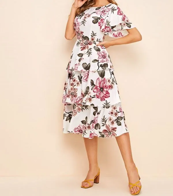 Keyhole Back Layered Hem Floral Print Dress