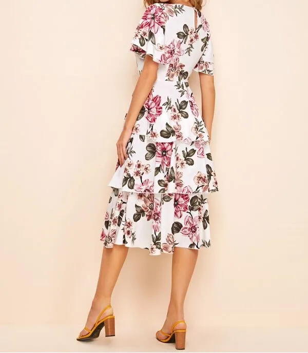 Keyhole Back Layered Hem Floral Print Dress
