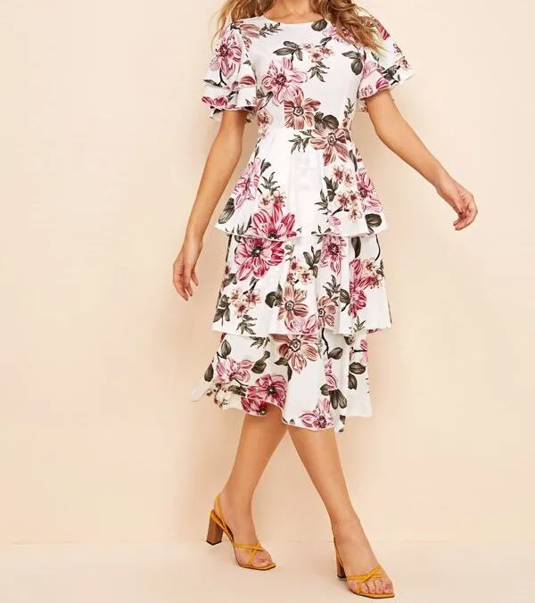 Keyhole Back Layered Hem Floral Print Dress