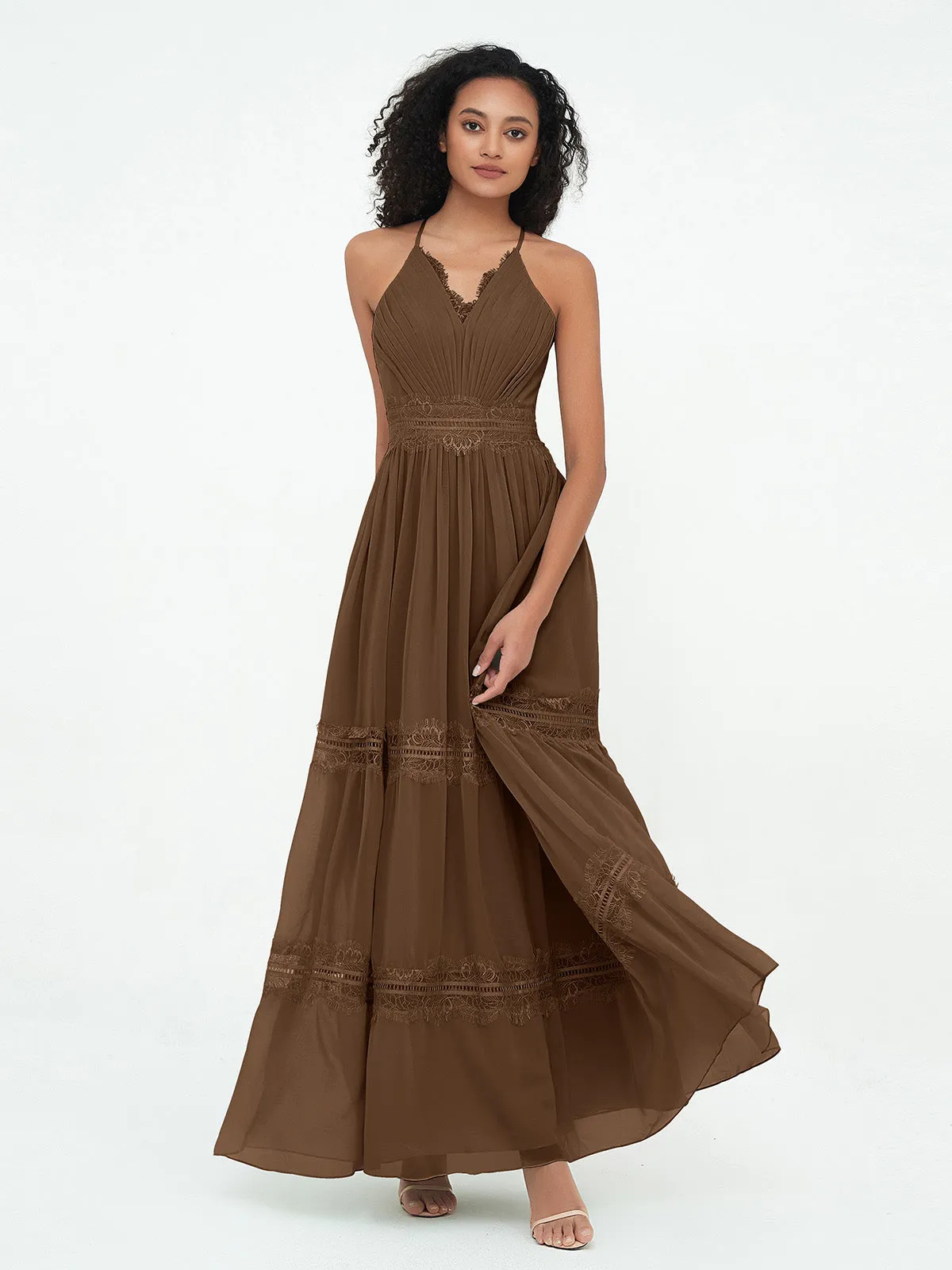 Lace and Chiffon Tiered Skirt Boho Dresses-Brown