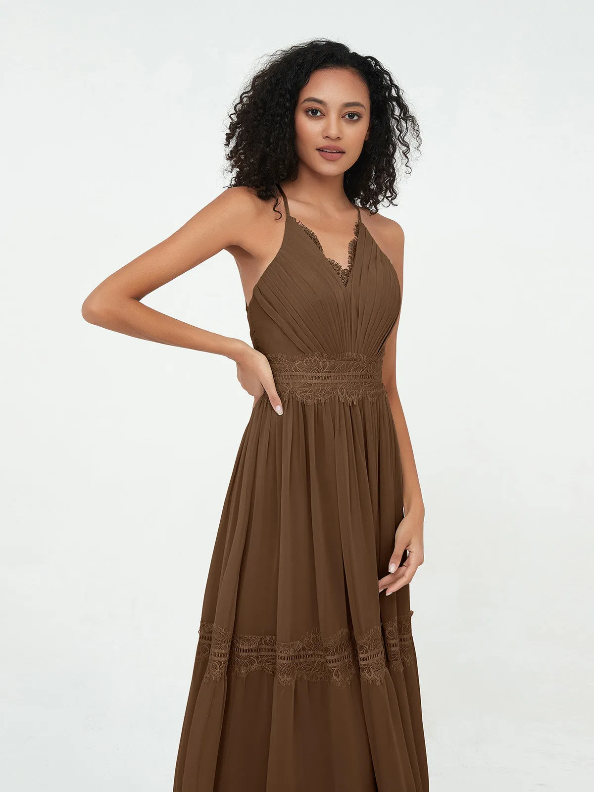 Lace and Chiffon Tiered Skirt Boho Dresses-Brown