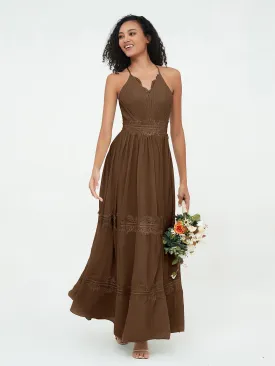 Lace and Chiffon Tiered Skirt Boho Dresses-Brown
