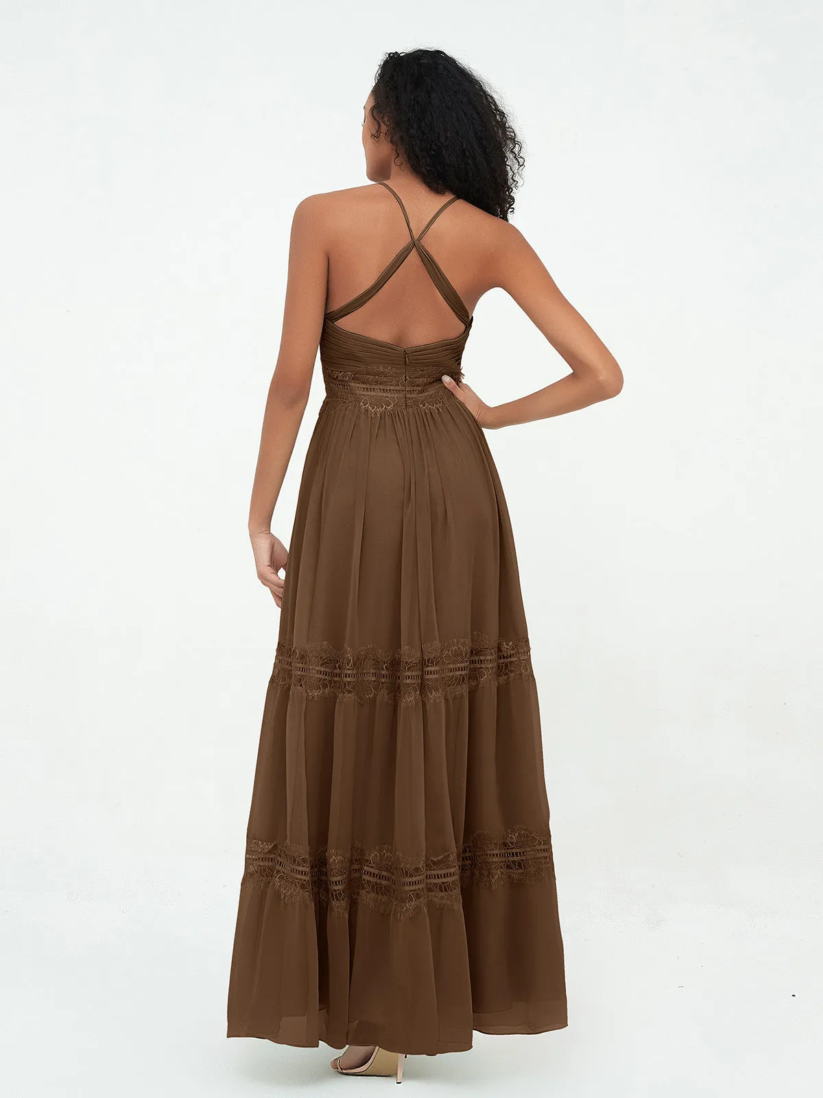 Lace and Chiffon Tiered Skirt Boho Dresses-Brown