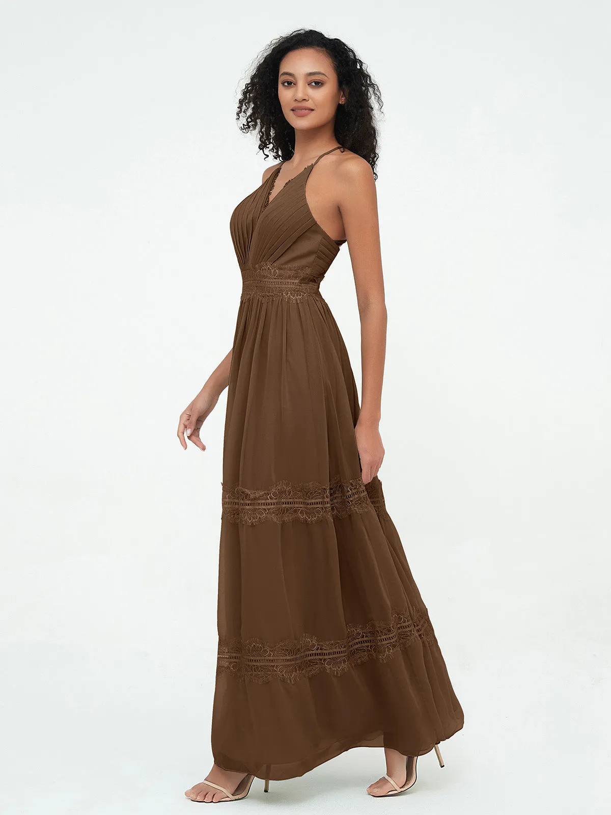 Lace and Chiffon Tiered Skirt Boho Dresses-Brown