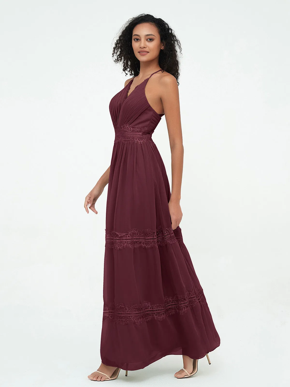 Lace and Chiffon Tiered Skirt Boho Dresses-Cabernet