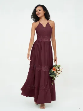 Lace and Chiffon Tiered Skirt Boho Dresses-Cabernet