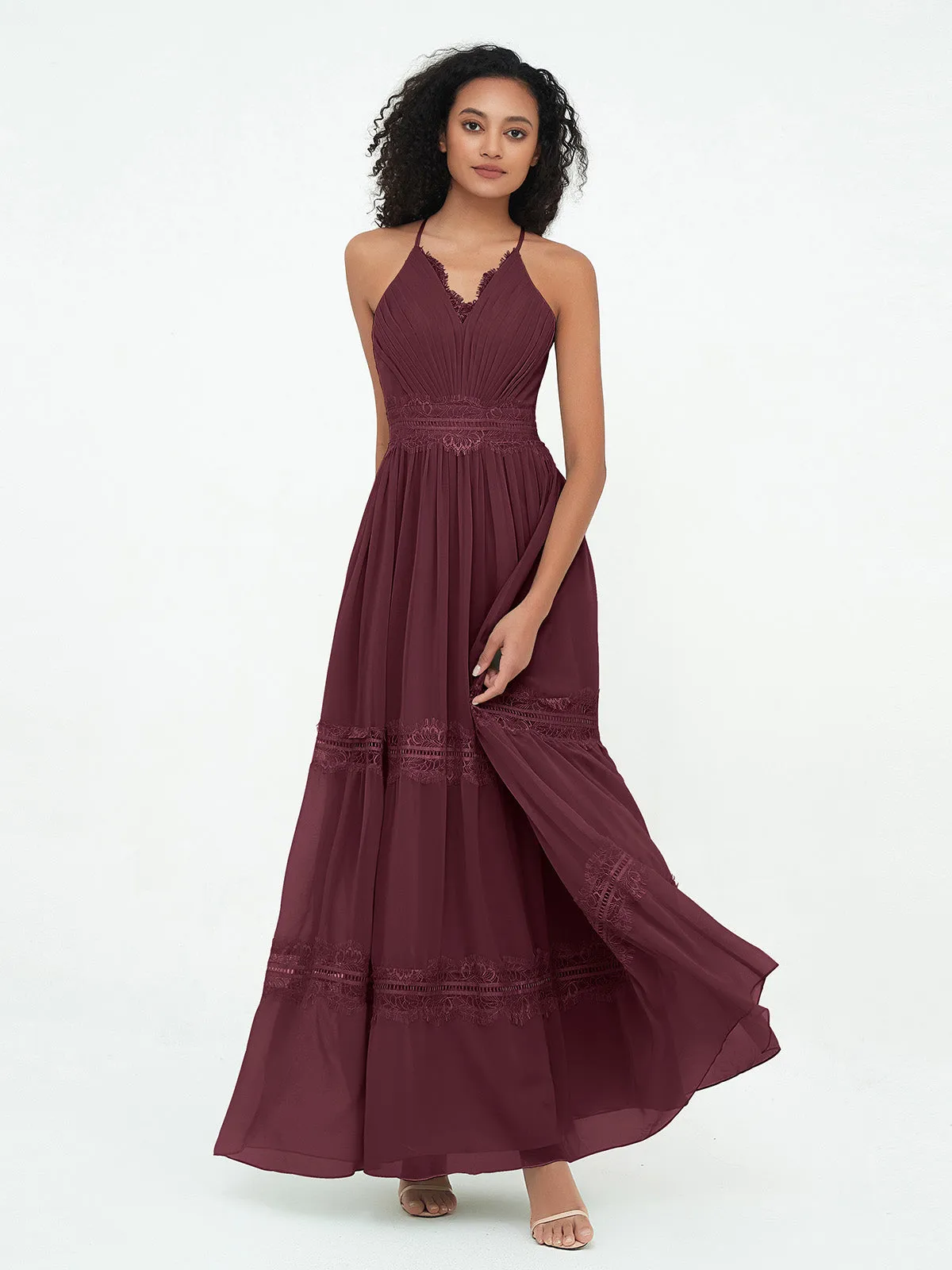 Lace and Chiffon Tiered Skirt Boho Dresses-Cabernet