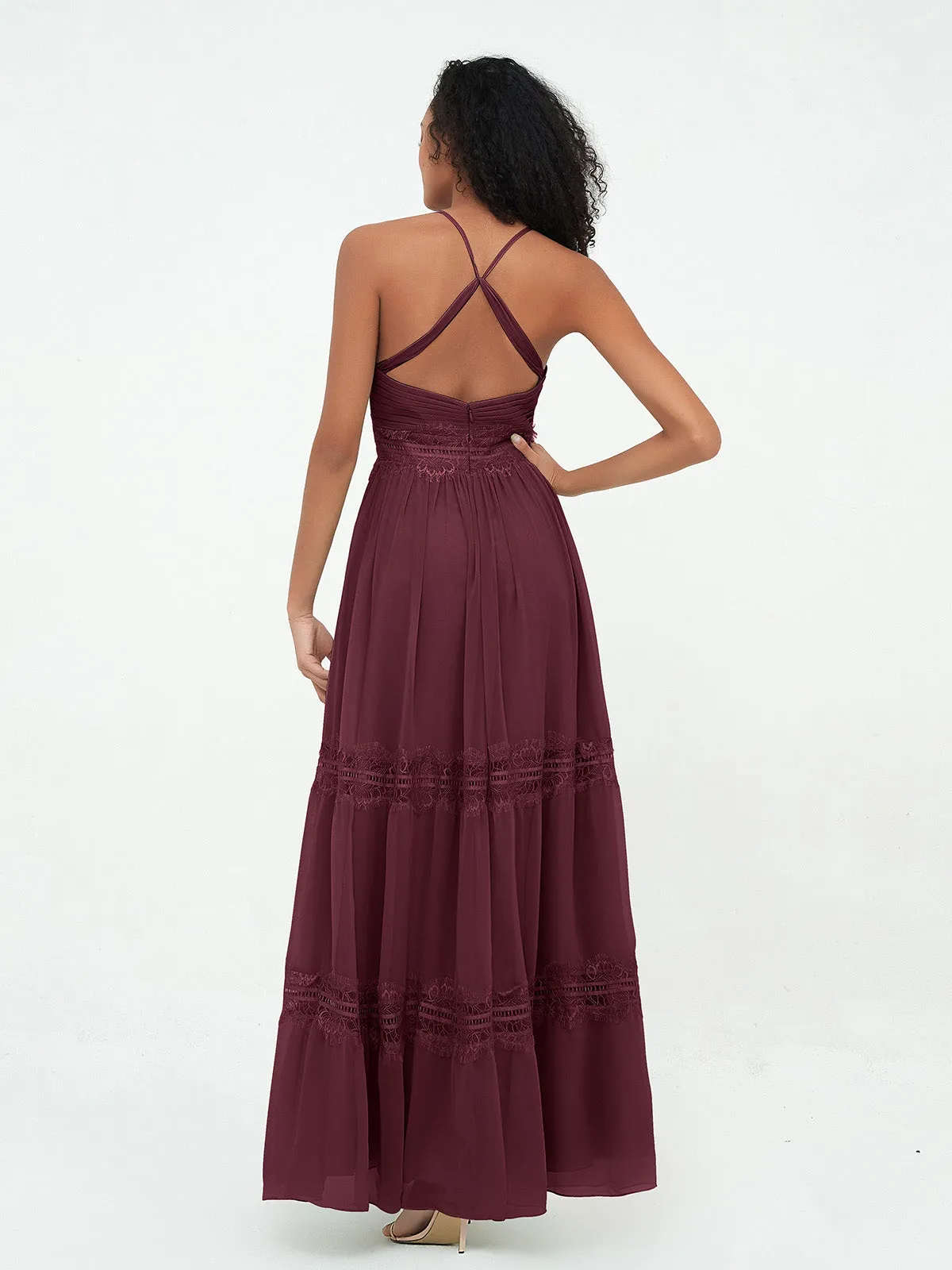 Lace and Chiffon Tiered Skirt Boho Dresses-Cabernet