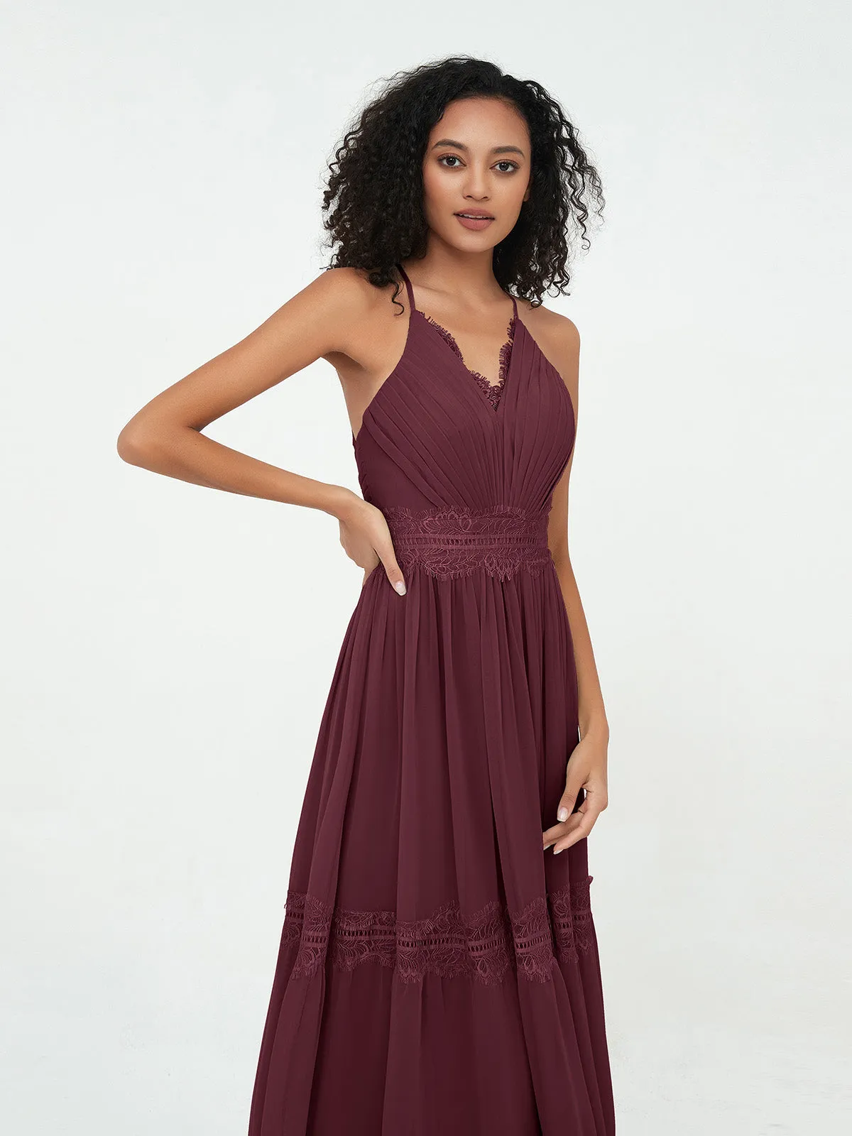 Lace and Chiffon Tiered Skirt Boho Dresses-Cabernet