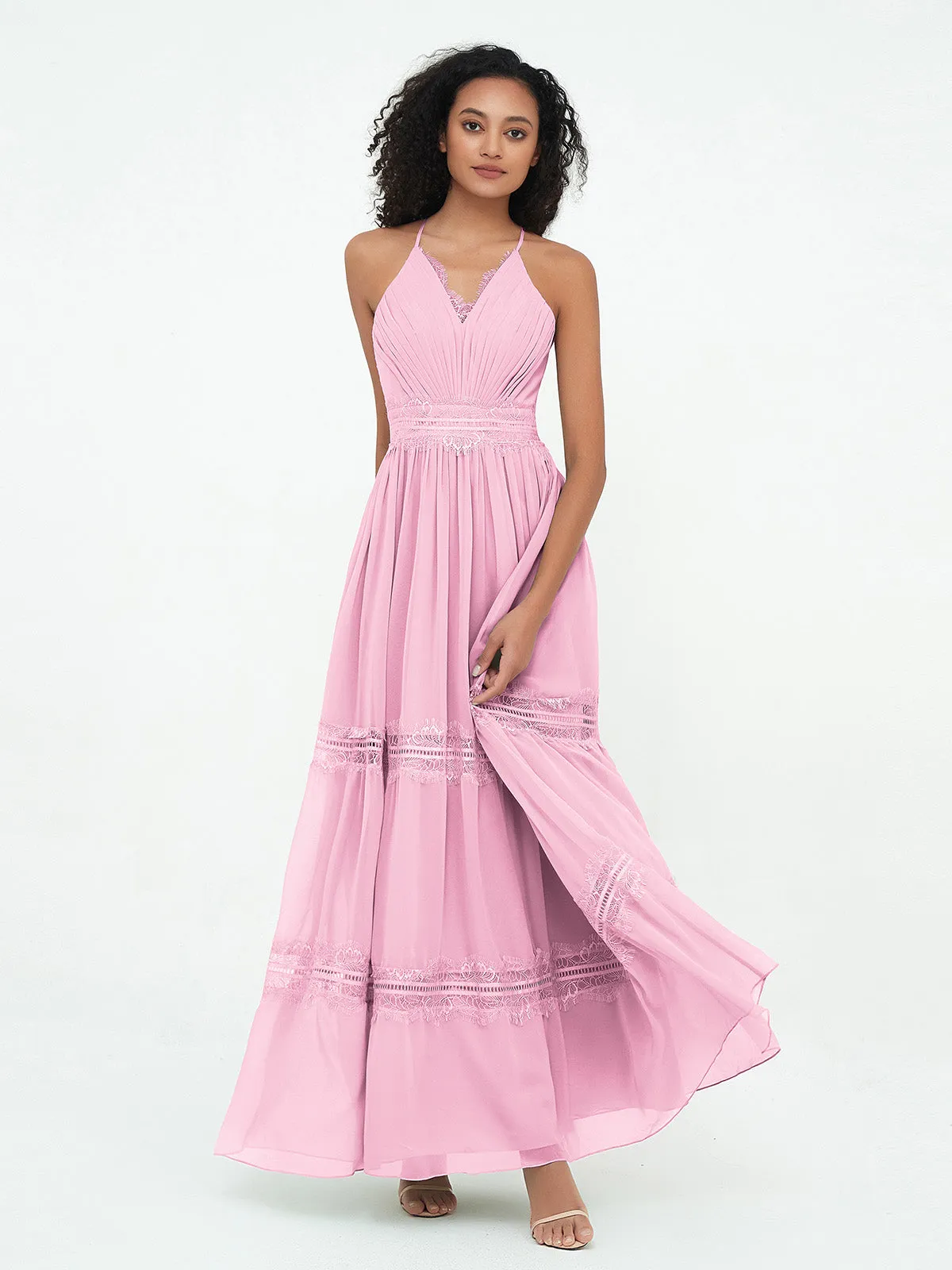 Lace and Chiffon Tiered Skirt Boho Dresses-Candy Pink