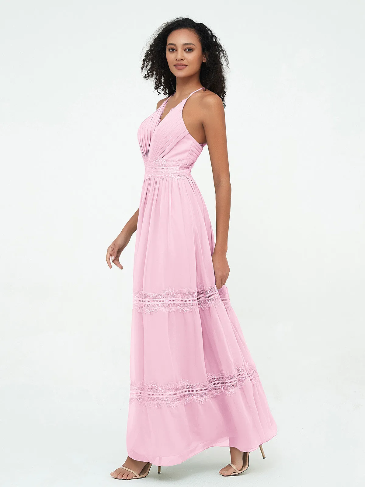 Lace and Chiffon Tiered Skirt Boho Dresses-Candy Pink