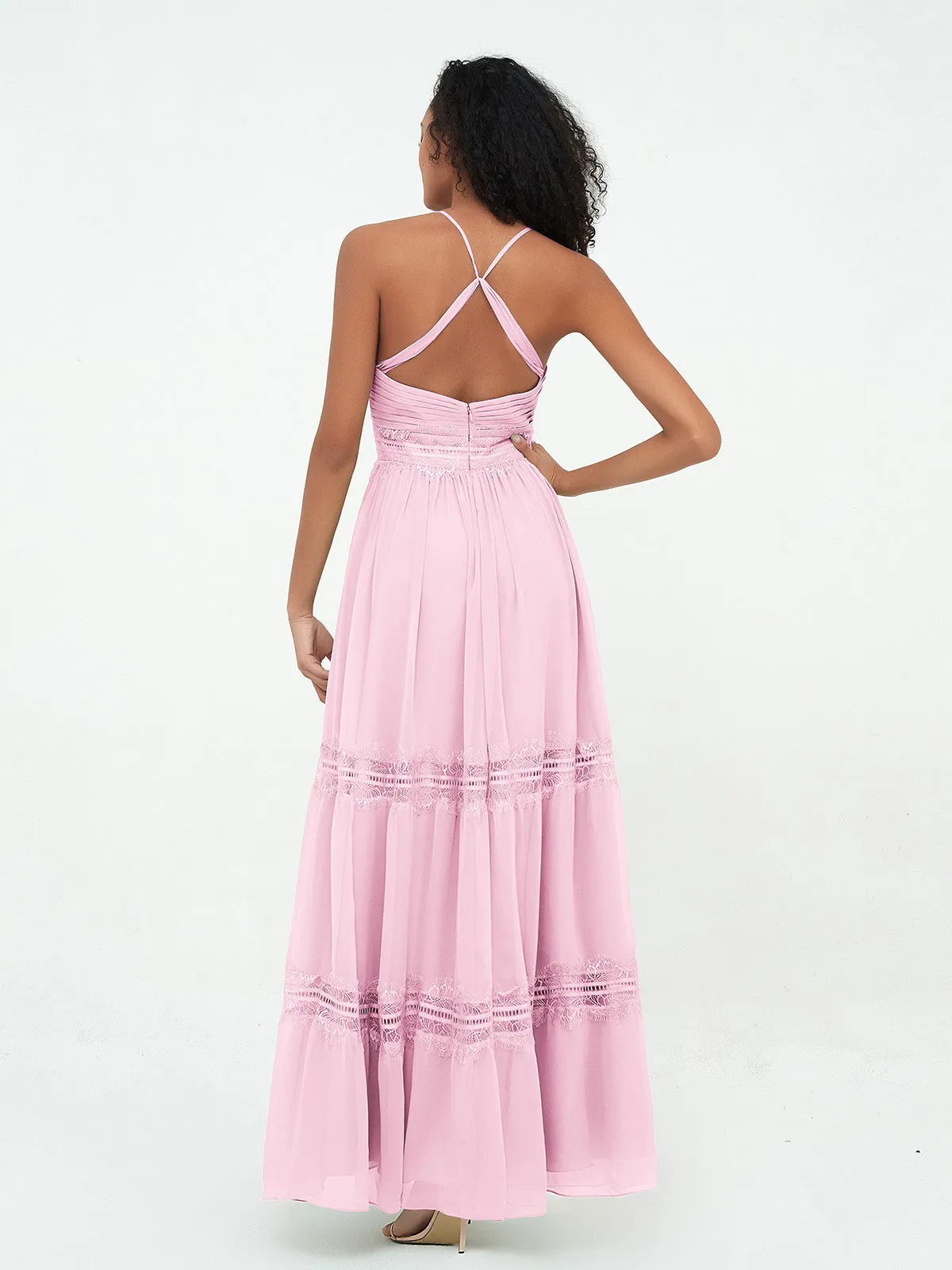 Lace and Chiffon Tiered Skirt Boho Dresses-Candy Pink