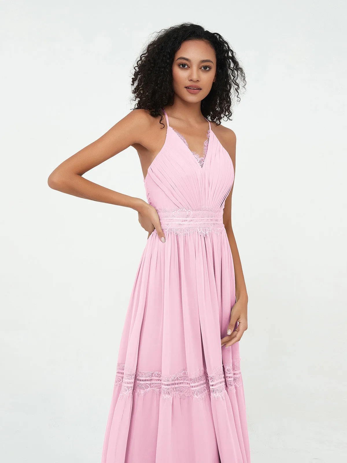 Lace and Chiffon Tiered Skirt Boho Dresses-Candy Pink