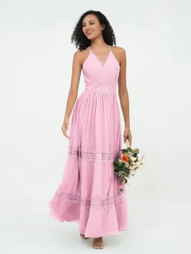 Lace and Chiffon Tiered Skirt Boho Dresses-Candy Pink