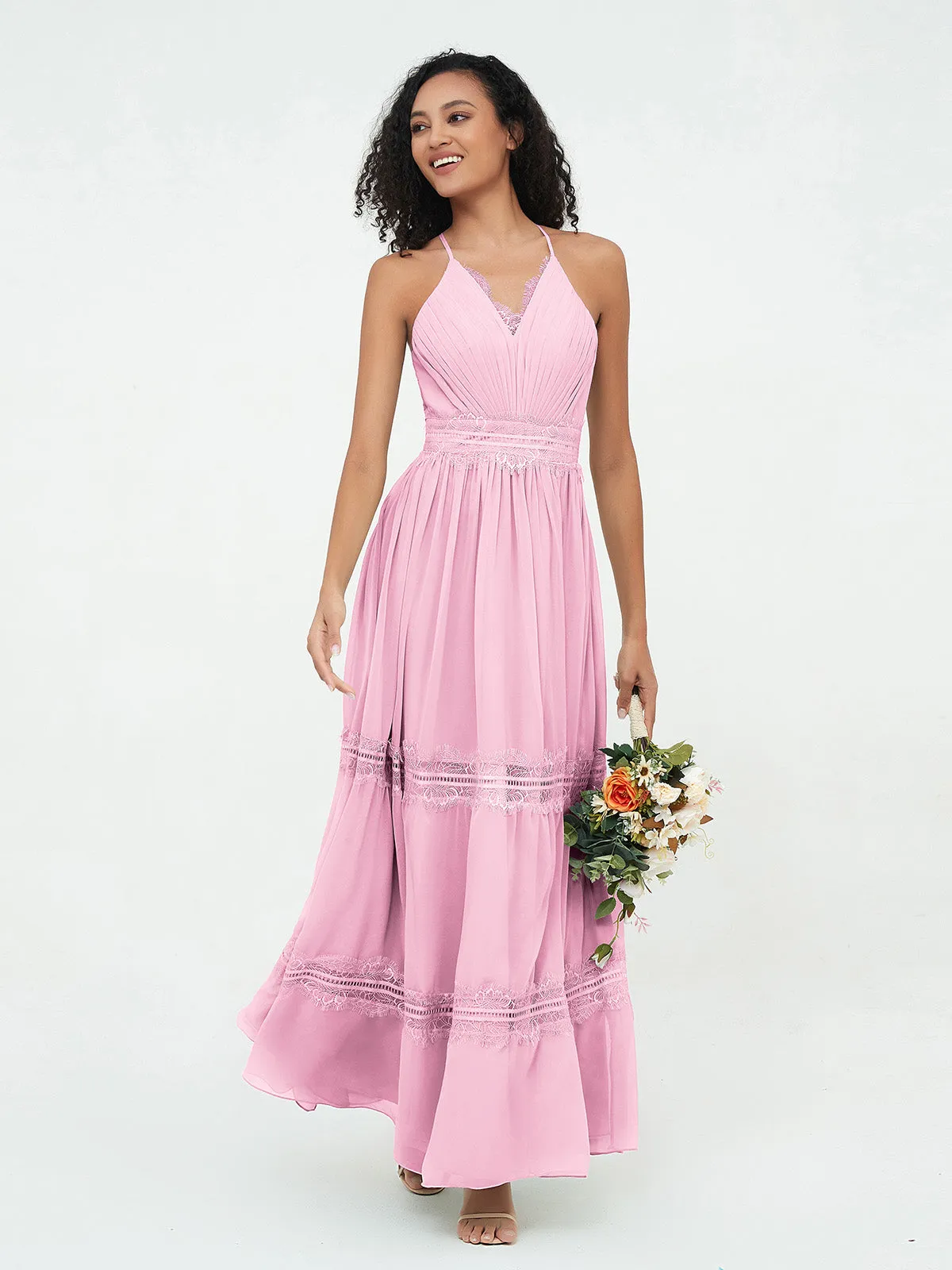 Lace and Chiffon Tiered Skirt Boho Dresses-Candy Pink
