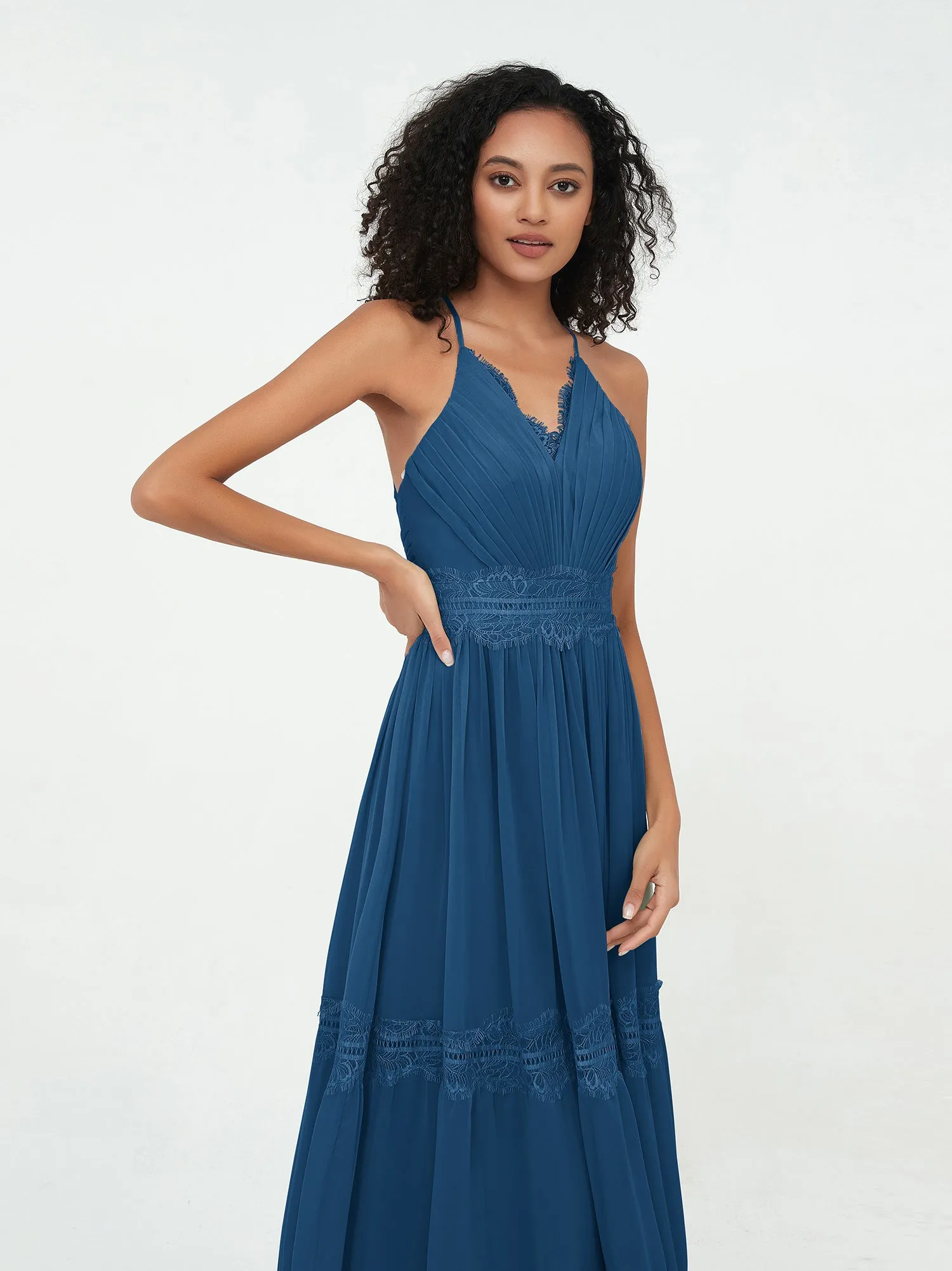 Lace and Chiffon Tiered Skirt Boho Dresses-Ink Blue