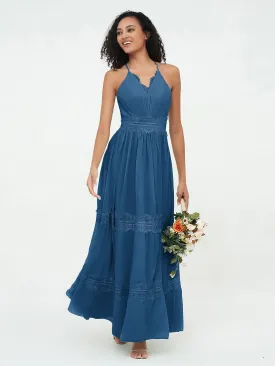 Lace and Chiffon Tiered Skirt Boho Dresses-Ink Blue