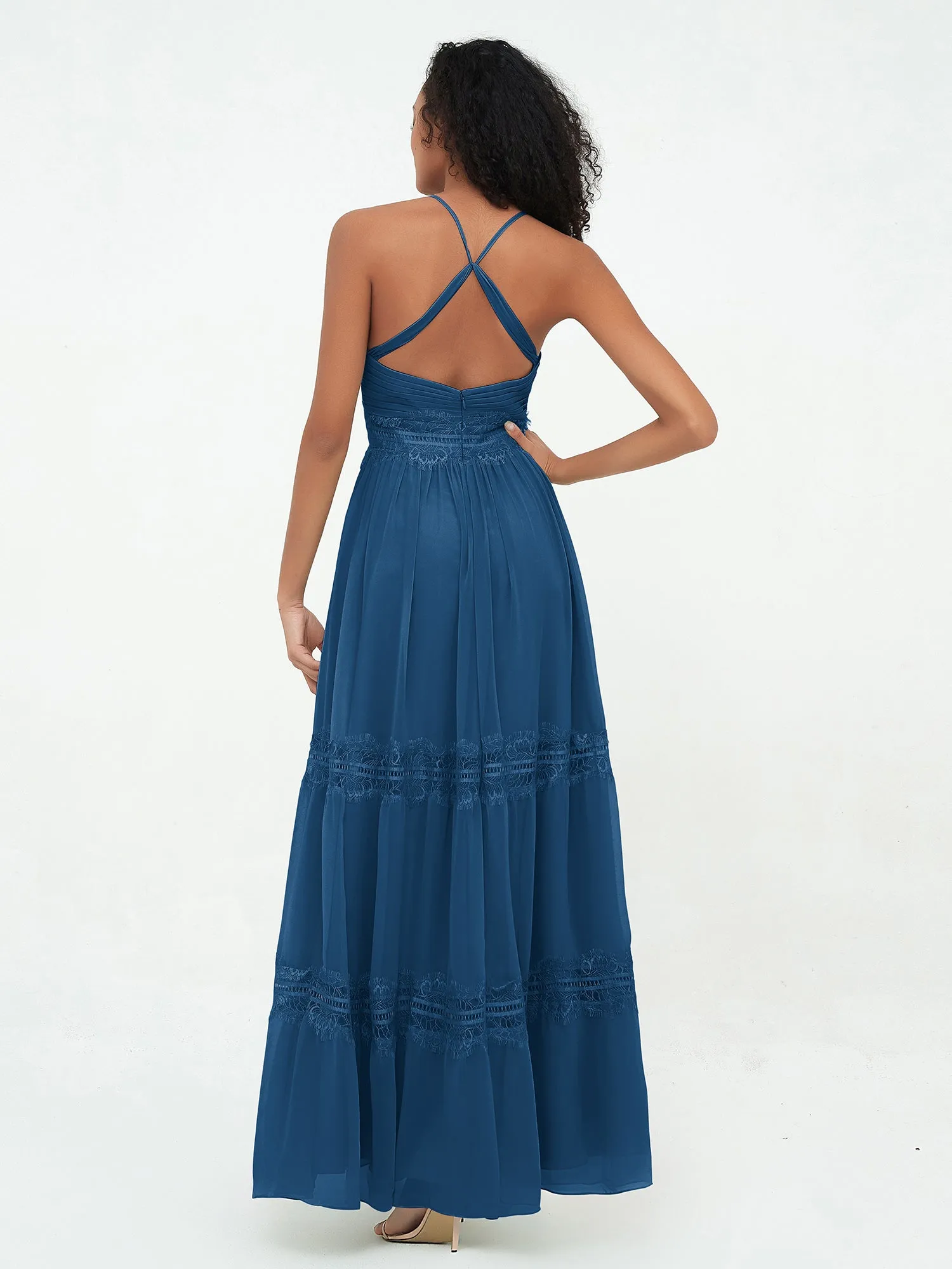 Lace and Chiffon Tiered Skirt Boho Dresses-Ink Blue