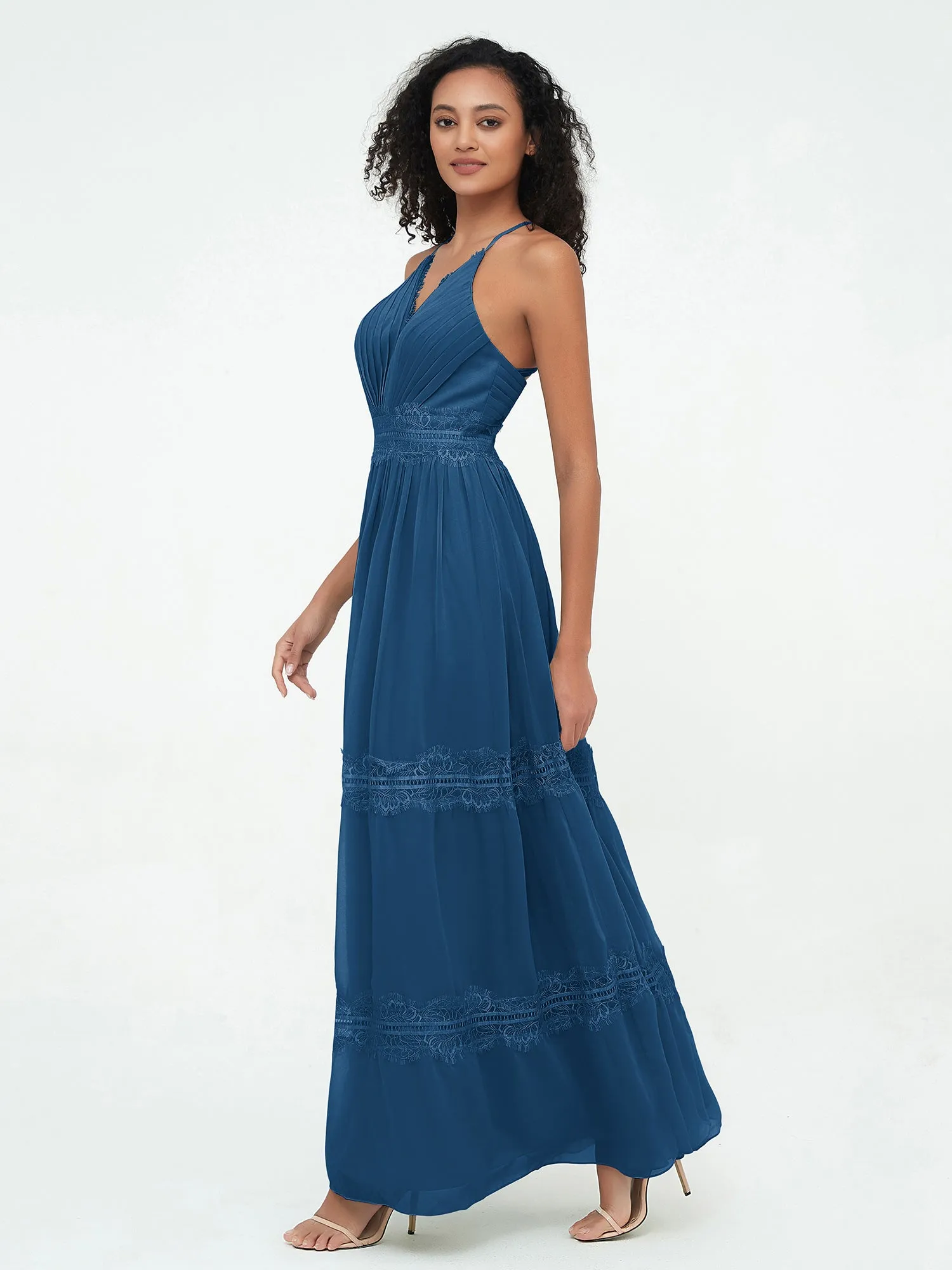 Lace and Chiffon Tiered Skirt Boho Dresses-Ink Blue