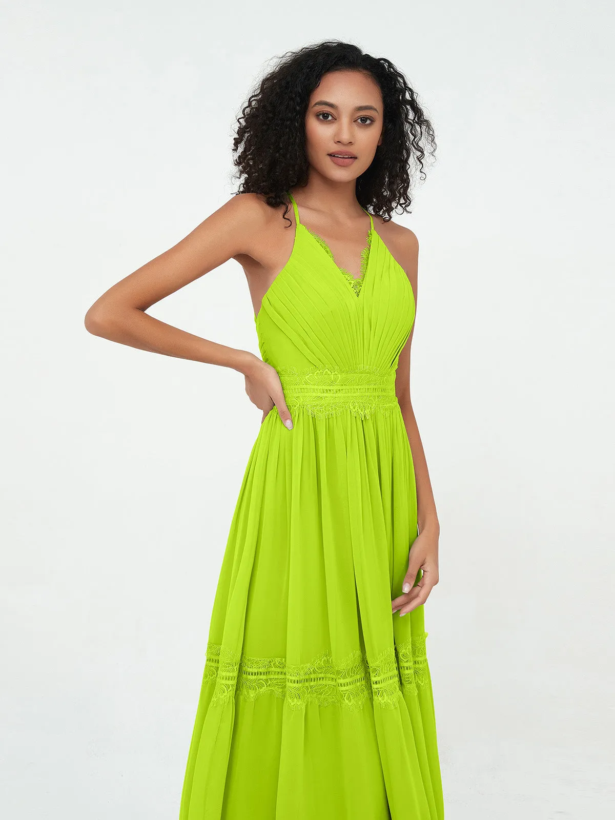Lace and Chiffon Tiered Skirt Boho Dresses-Lime Green