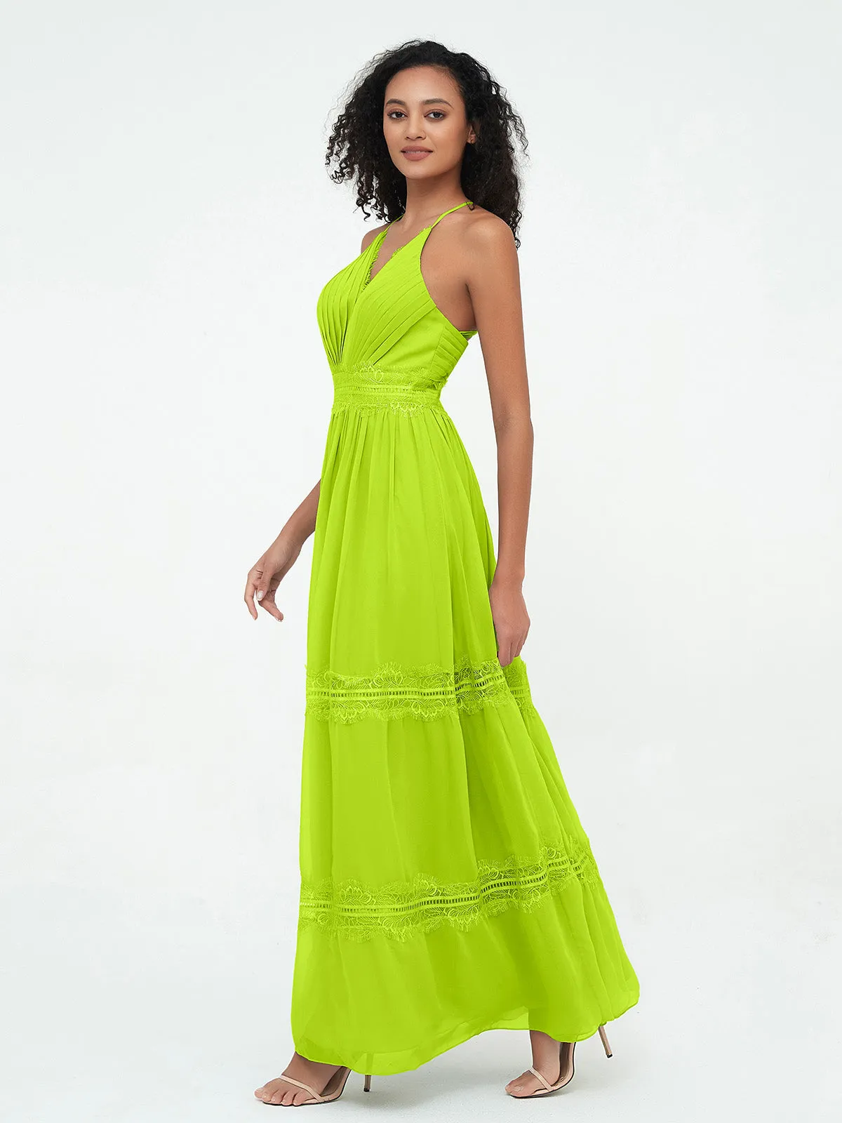 Lace and Chiffon Tiered Skirt Boho Dresses-Lime Green