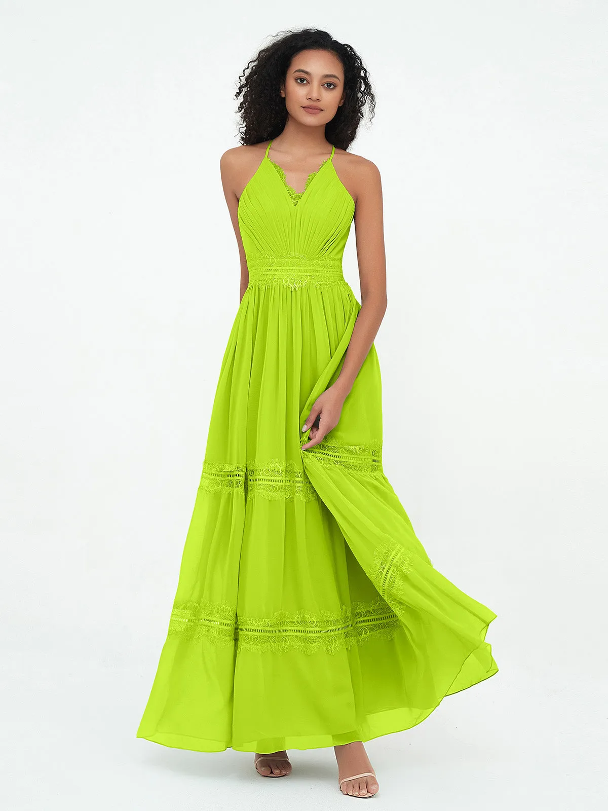 Lace and Chiffon Tiered Skirt Boho Dresses-Lime Green