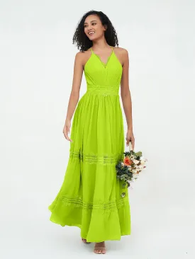 Lace and Chiffon Tiered Skirt Boho Dresses-Lime Green