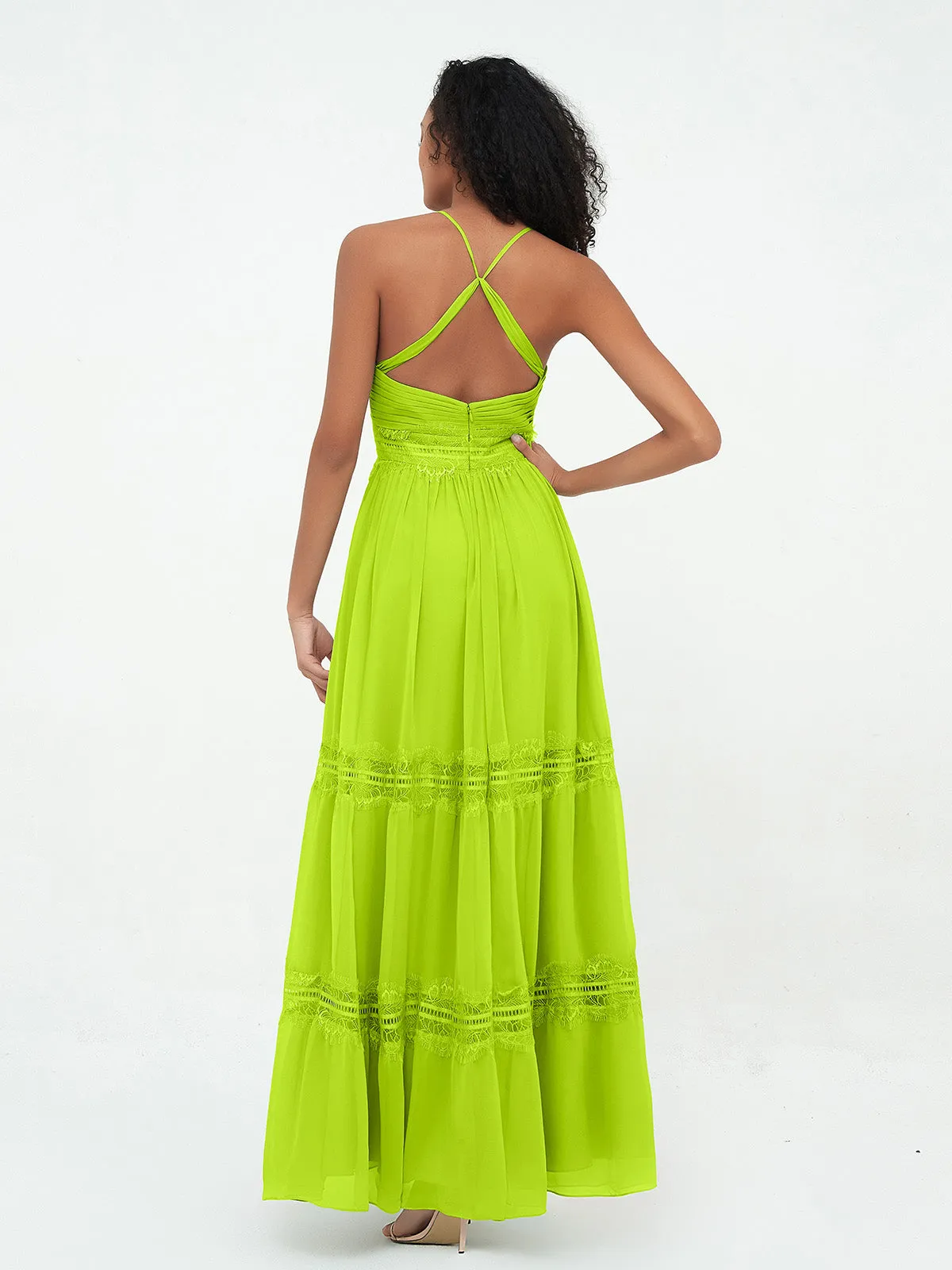 Lace and Chiffon Tiered Skirt Boho Dresses-Lime Green