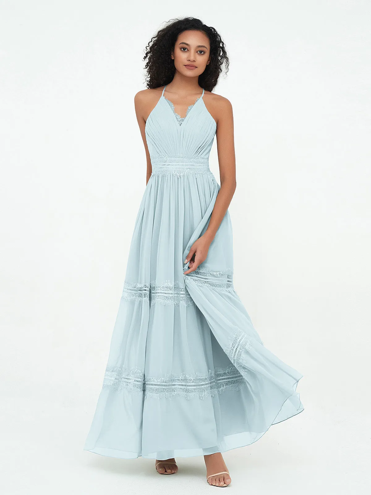 Lace and Chiffon Tiered Skirt Boho Dresses-Mist