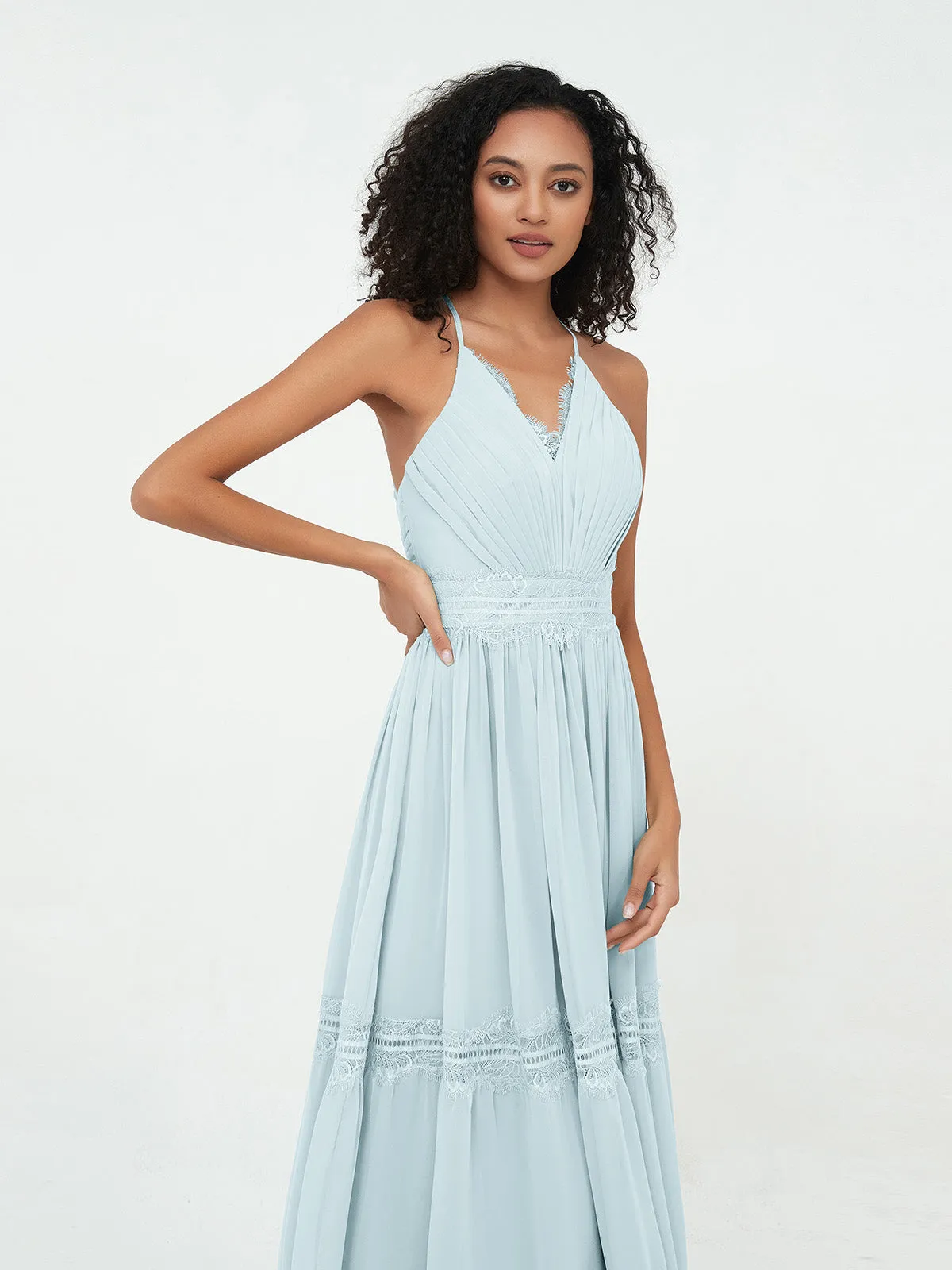 Lace and Chiffon Tiered Skirt Boho Dresses-Mist