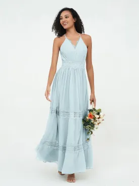 Lace and Chiffon Tiered Skirt Boho Dresses-Mist