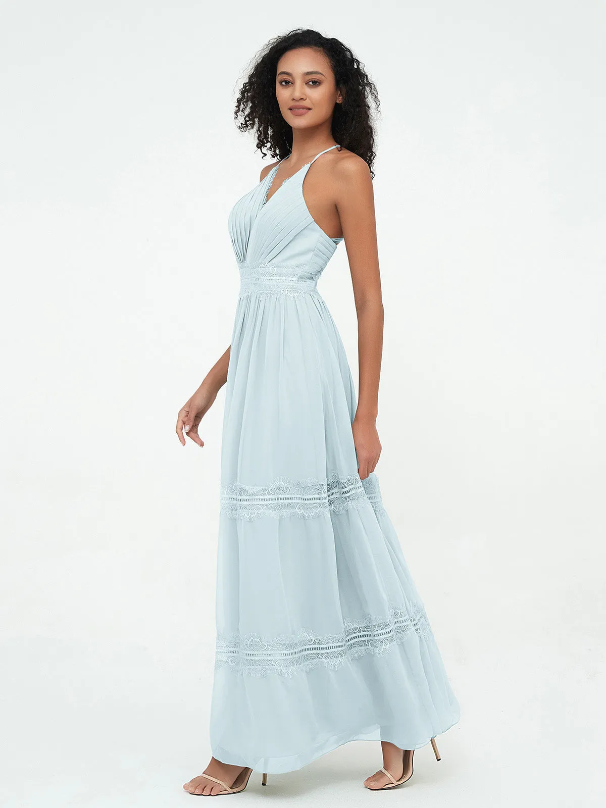 Lace and Chiffon Tiered Skirt Boho Dresses-Mist