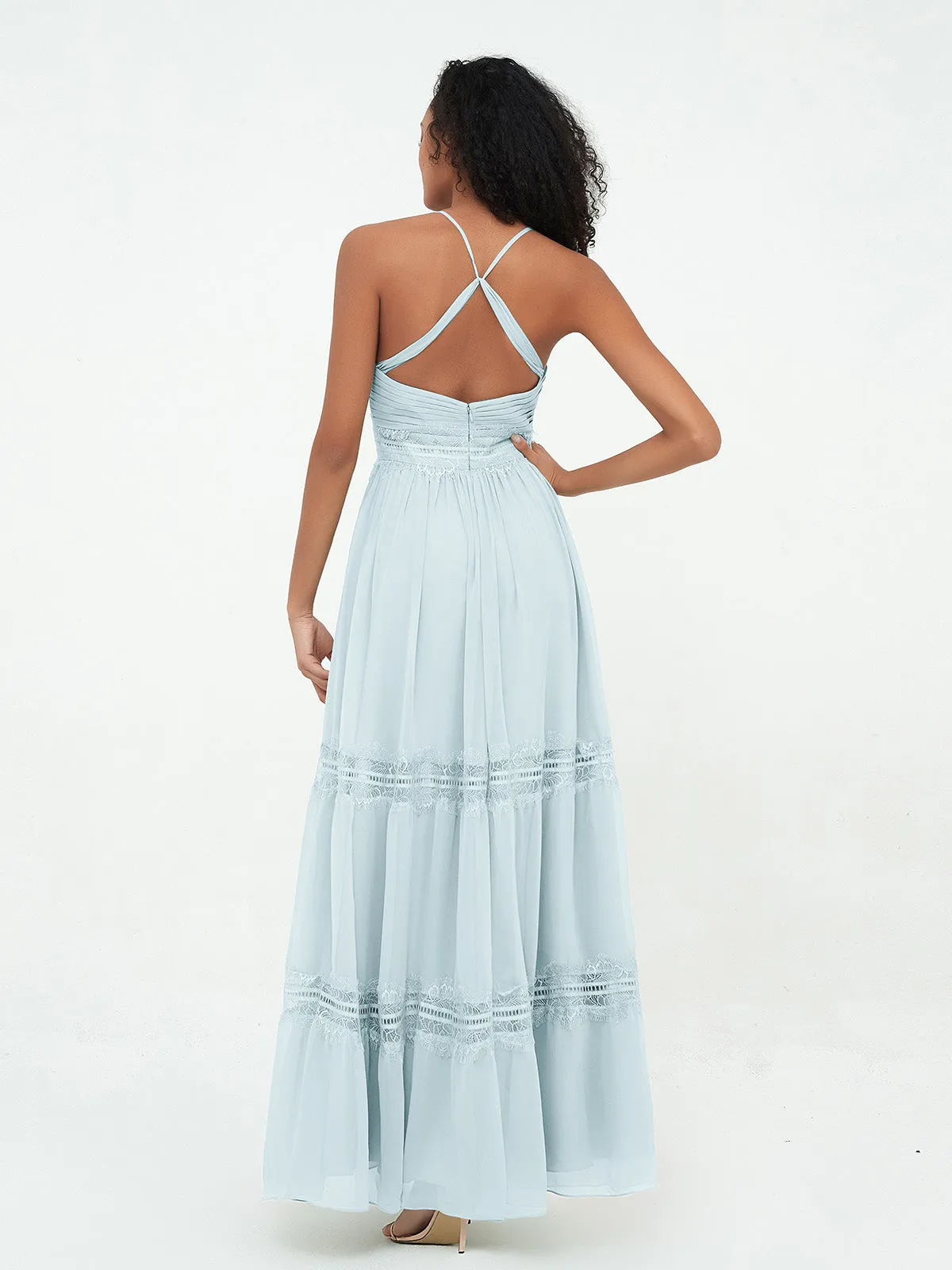 Lace and Chiffon Tiered Skirt Boho Dresses-Mist