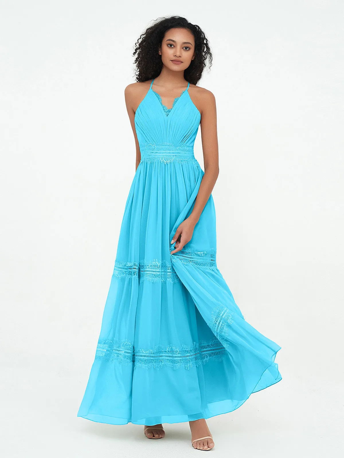 Lace and Chiffon Tiered Skirt Boho Dresses-Pool