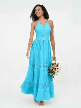 Lace and Chiffon Tiered Skirt Boho Dresses-Pool
